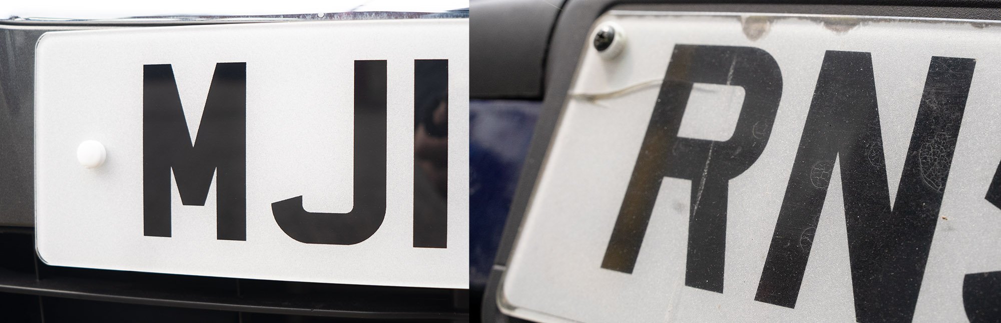 an aged plate on a used car next to a new one