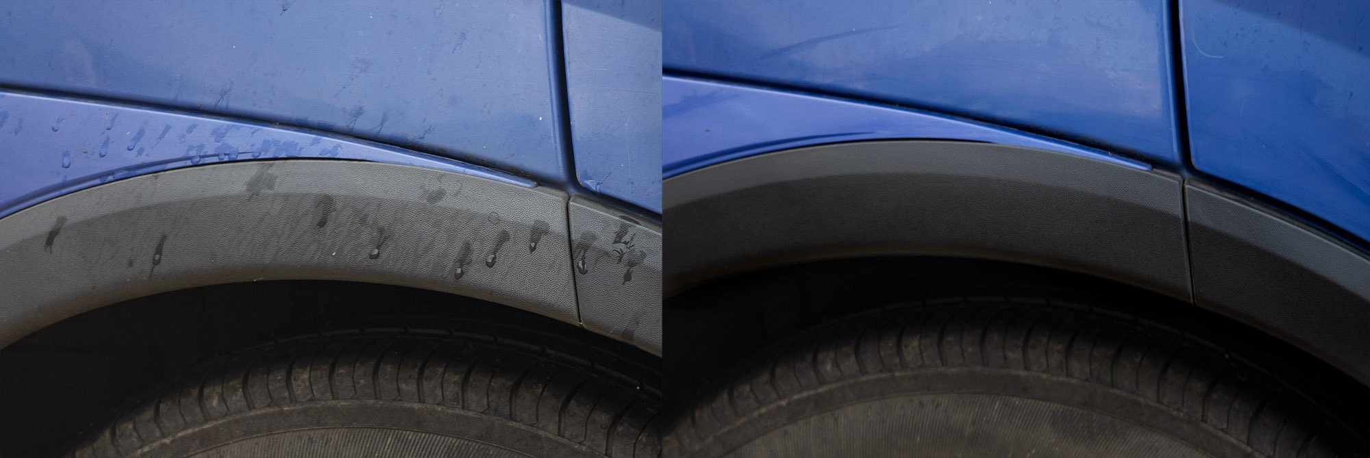 Faded black trim on a used car next to restored black trim